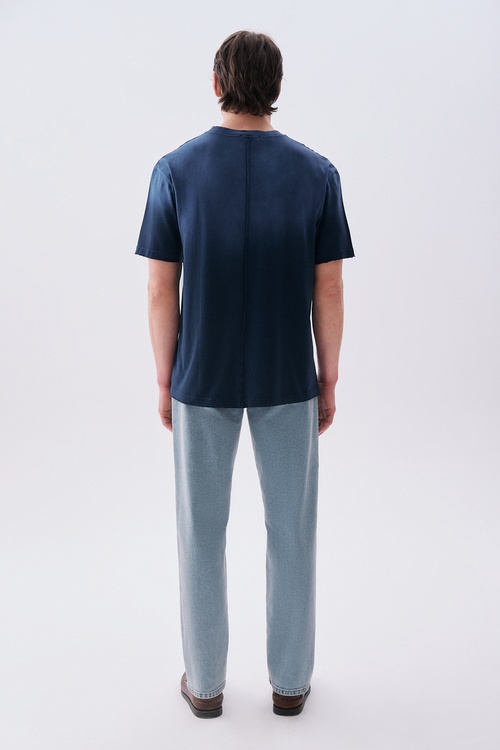 Erkek Lacivert Batik Yıkama Oversize Bisiklet Yaka T-Shirt
