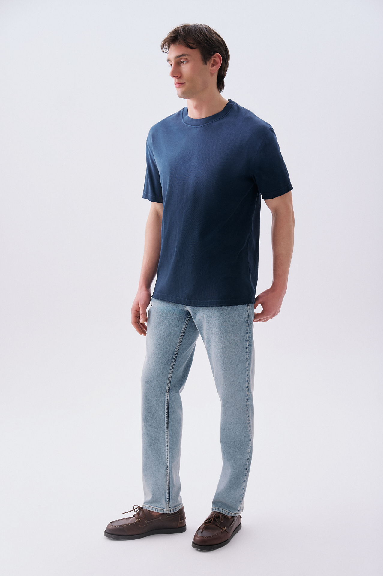 Erkek Lacivert Batik Yıkama Oversize Bisiklet Yaka T-Shirt