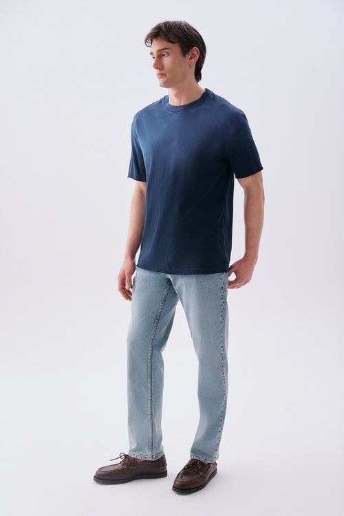 Erkek Lacivert Batik Yıkama Oversize Bisiklet Yaka T-Shirt
