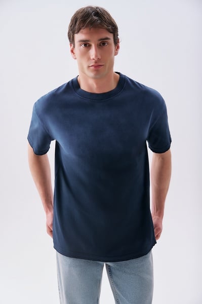 Mudo Erkek Lacivert Batik Yıkama Oversize Bisiklet Yaka T-Shirt
