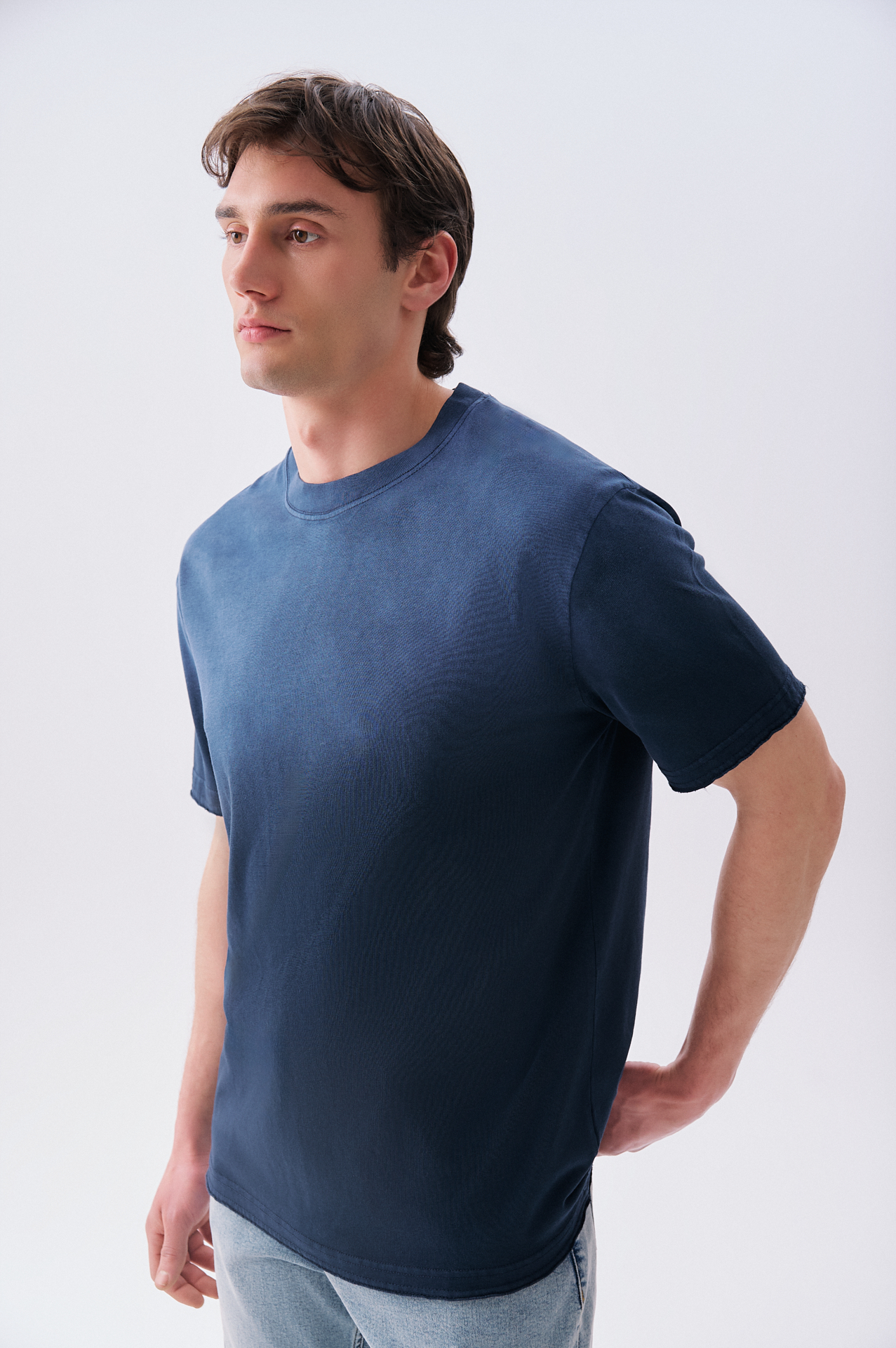 Erkek Lacivert Batik Yıkama Oversize Bisiklet Yaka T-Shirt