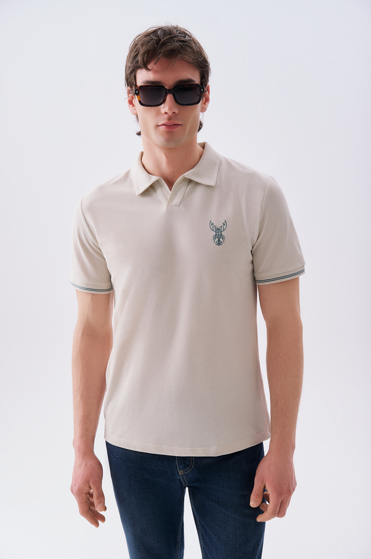 Erkek Taş Rengi Nakışlı Polo Yaka T-Shirt
