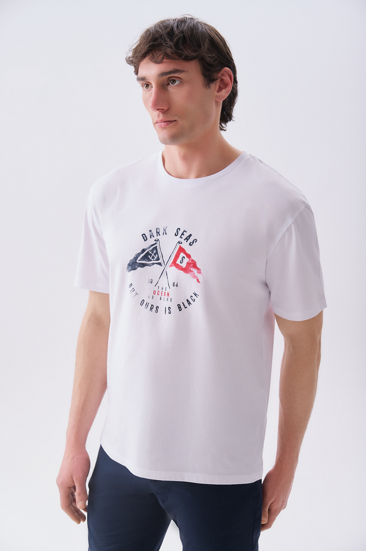 Erkek Beyaz Baskılı Comfort Fit Bisiklet Yaka T-Shirt