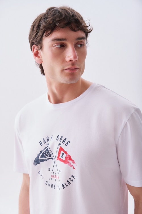 Erkek Beyaz Baskılı Comfort Fit Bisiklet Yaka T-Shirt