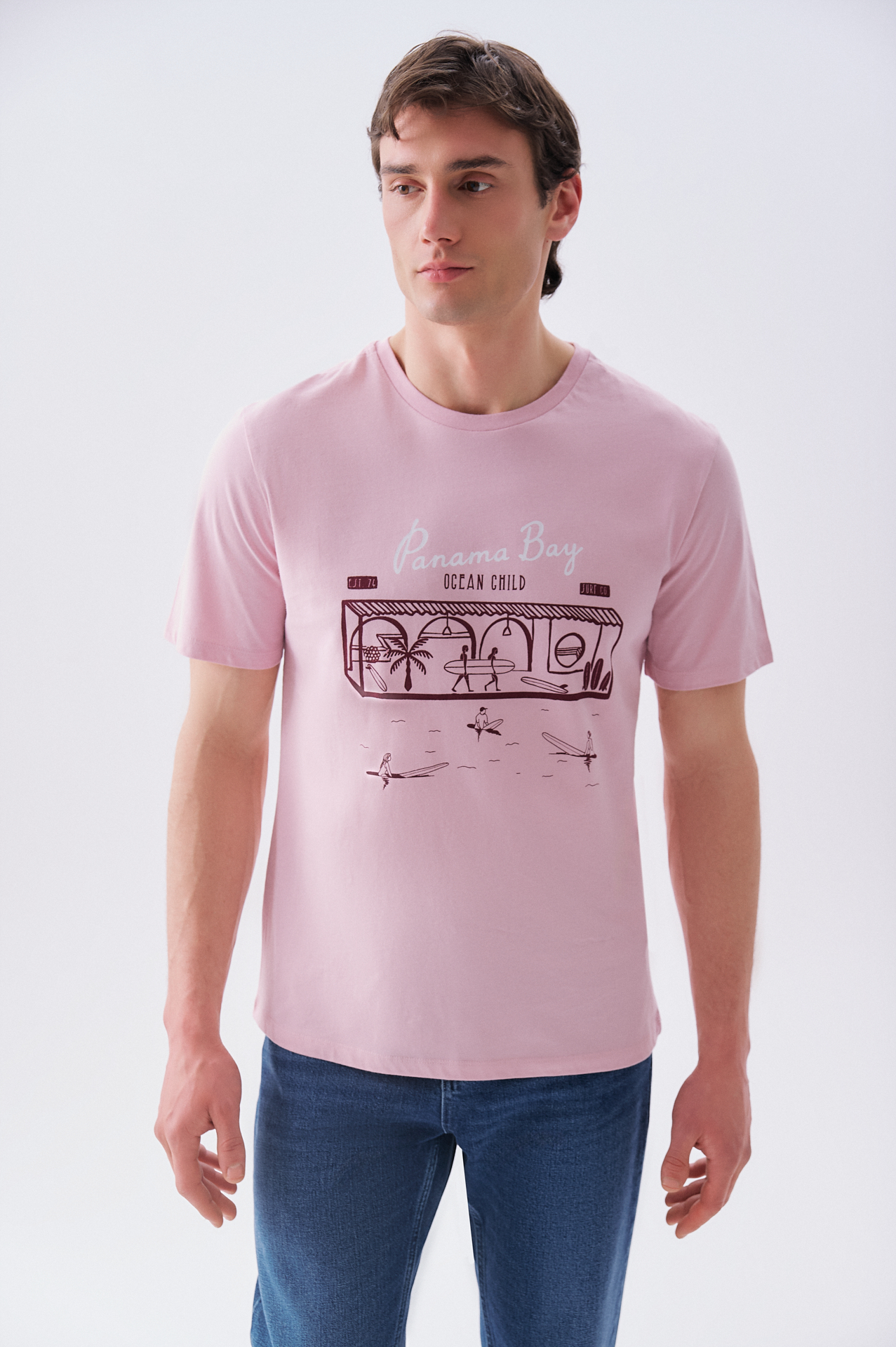 Erkek Pembe Baskılı Bisiklet Yaka T-Shirt