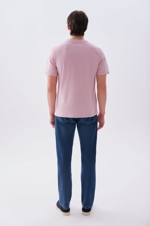 Erkek Pembe Baskılı Bisiklet Yaka T-Shirt