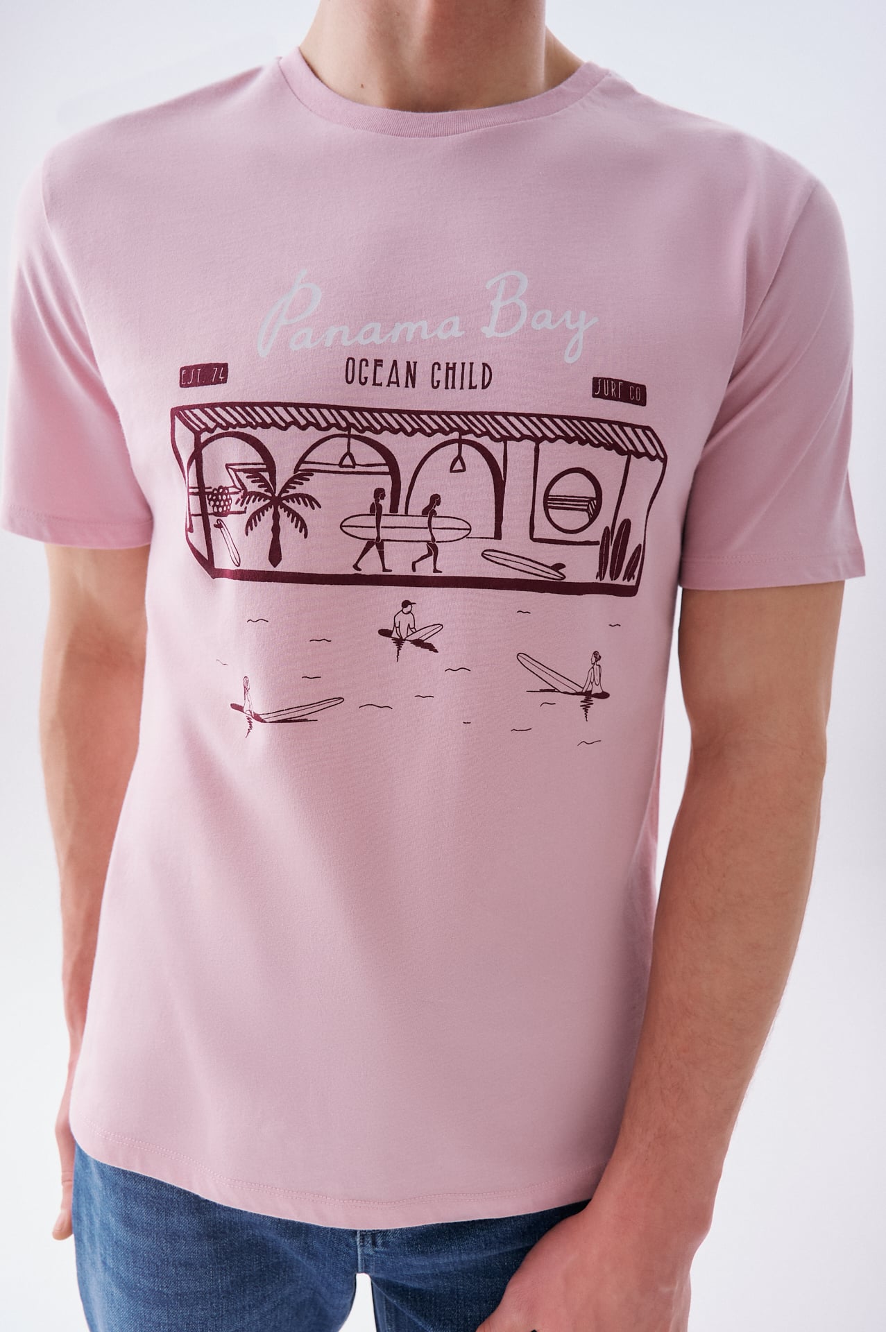 Erkek Pembe Baskılı Bisiklet Yaka T-Shirt