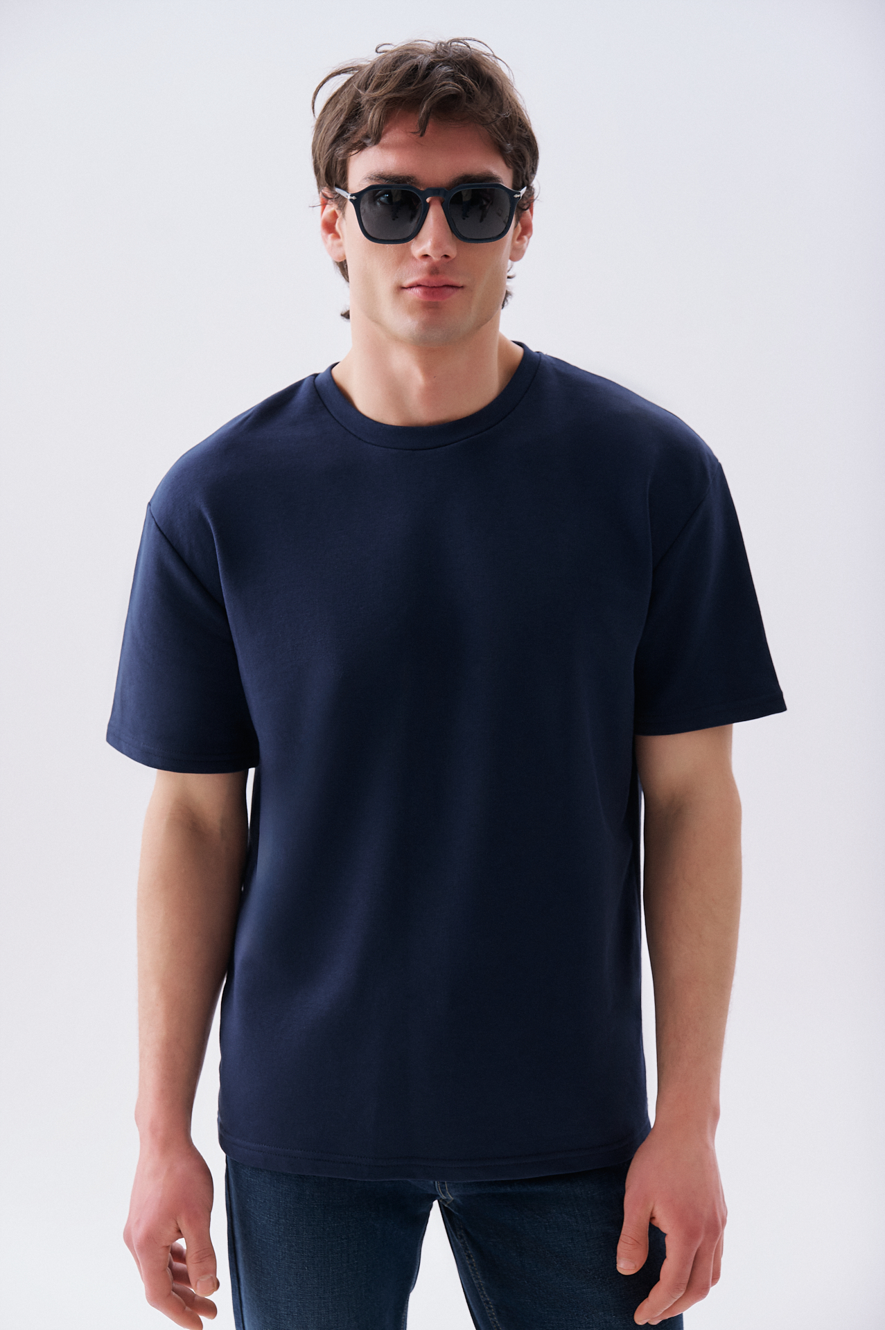 Erkek Lacivert Oversize Bisiklet Yaka T-Shirt