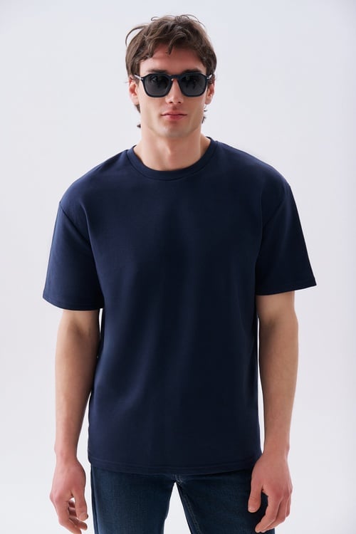 Erkek Lacivert Oversize Bisiklet Yaka T-Shirt