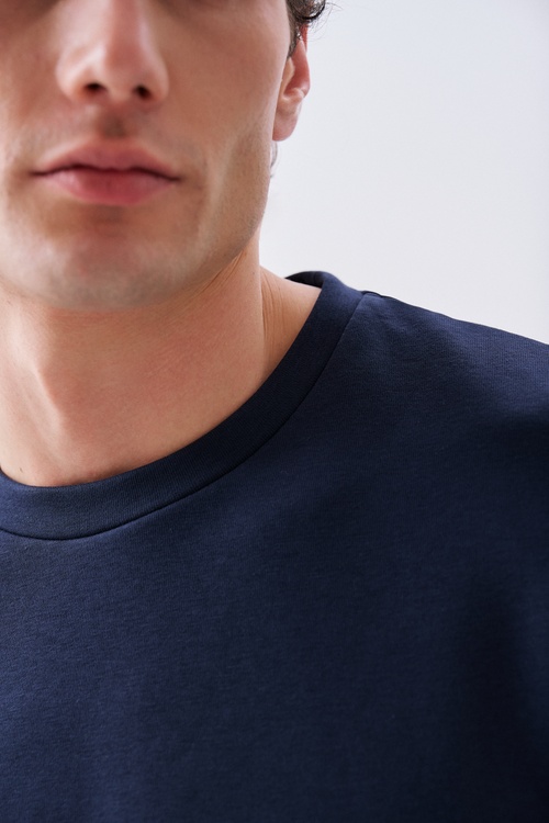 Erkek Lacivert Oversize Bisiklet Yaka T-Shirt
