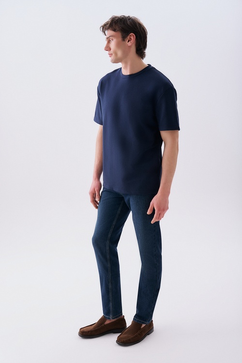 Erkek Lacivert Oversize Bisiklet Yaka T-Shirt
