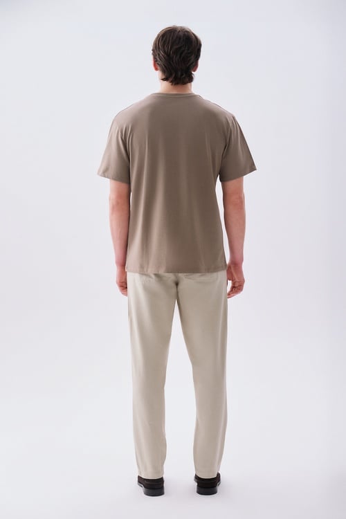 Erkek Vizon Rengi Nakışlı Loose Fit Bisiklet Yaka T-Shirt