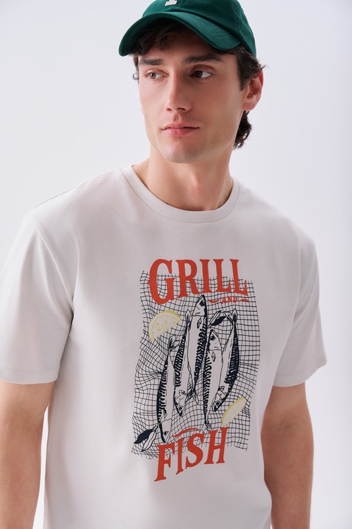 Erkek Kırık Beyaz Baskılı Loose Fit Bisiklet Yaka T-Shirt