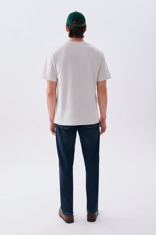 Erkek Kırık Beyaz Baskılı Loose Fit Bisiklet Yaka T-Shirt