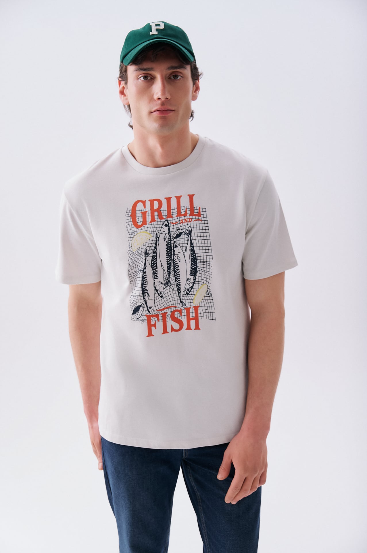 Erkek Kırık Beyaz Baskılı Loose Fit Bisiklet Yaka T-Shirt