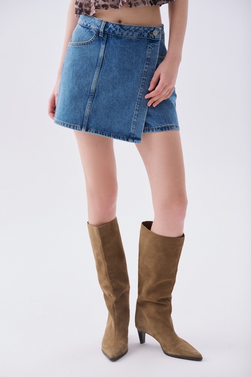  Kadın İndigo Kruvaze Jean Şort Etek