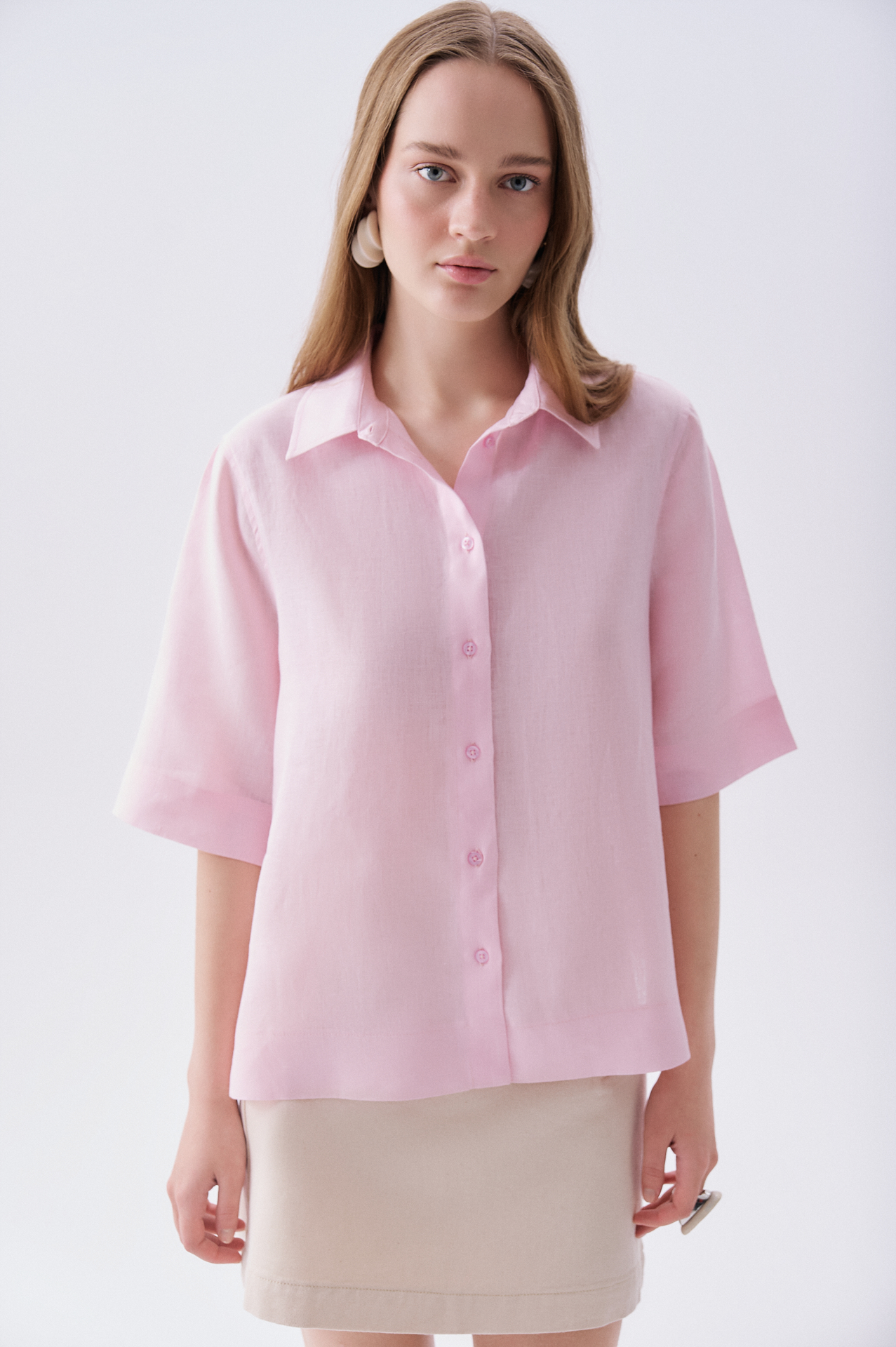 Kadın Pembe 3/4 Kol Oversize Keten Gömlek