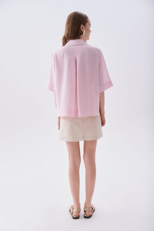 Kadın Pembe 3/4 Kol Oversize Keten Gömlek