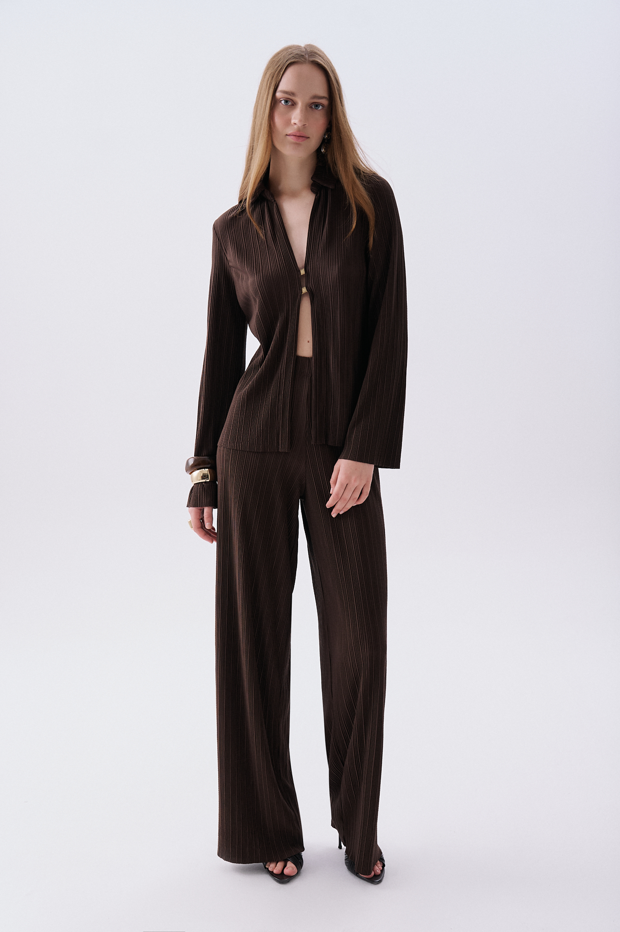 Kadın Kahverengi Ribanalı Beli Lastikli Straight Fit Pantolon