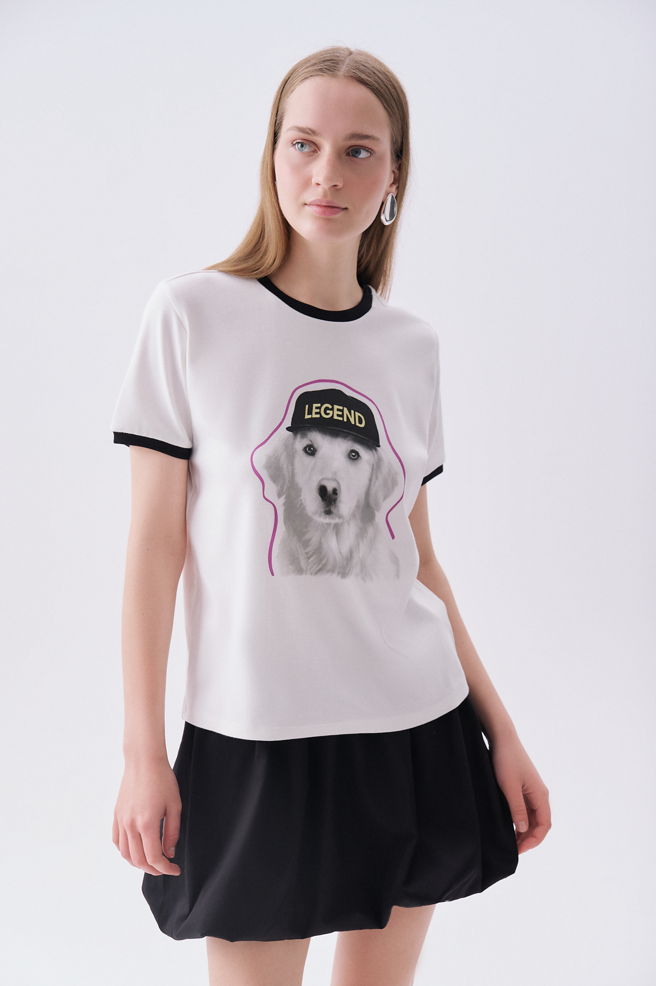 Kadın Kırık Beyaz Baskılı Bisiklet Yaka T-Shirt