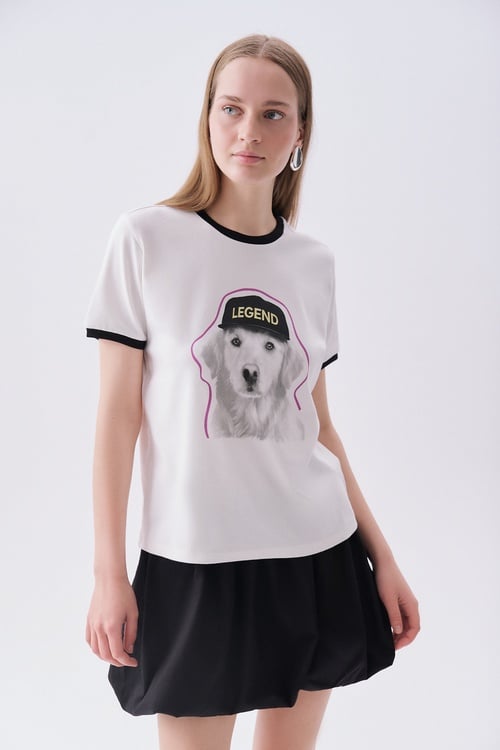 Kadın Kırık Beyaz Baskılı Bisiklet Yaka T-Shirt