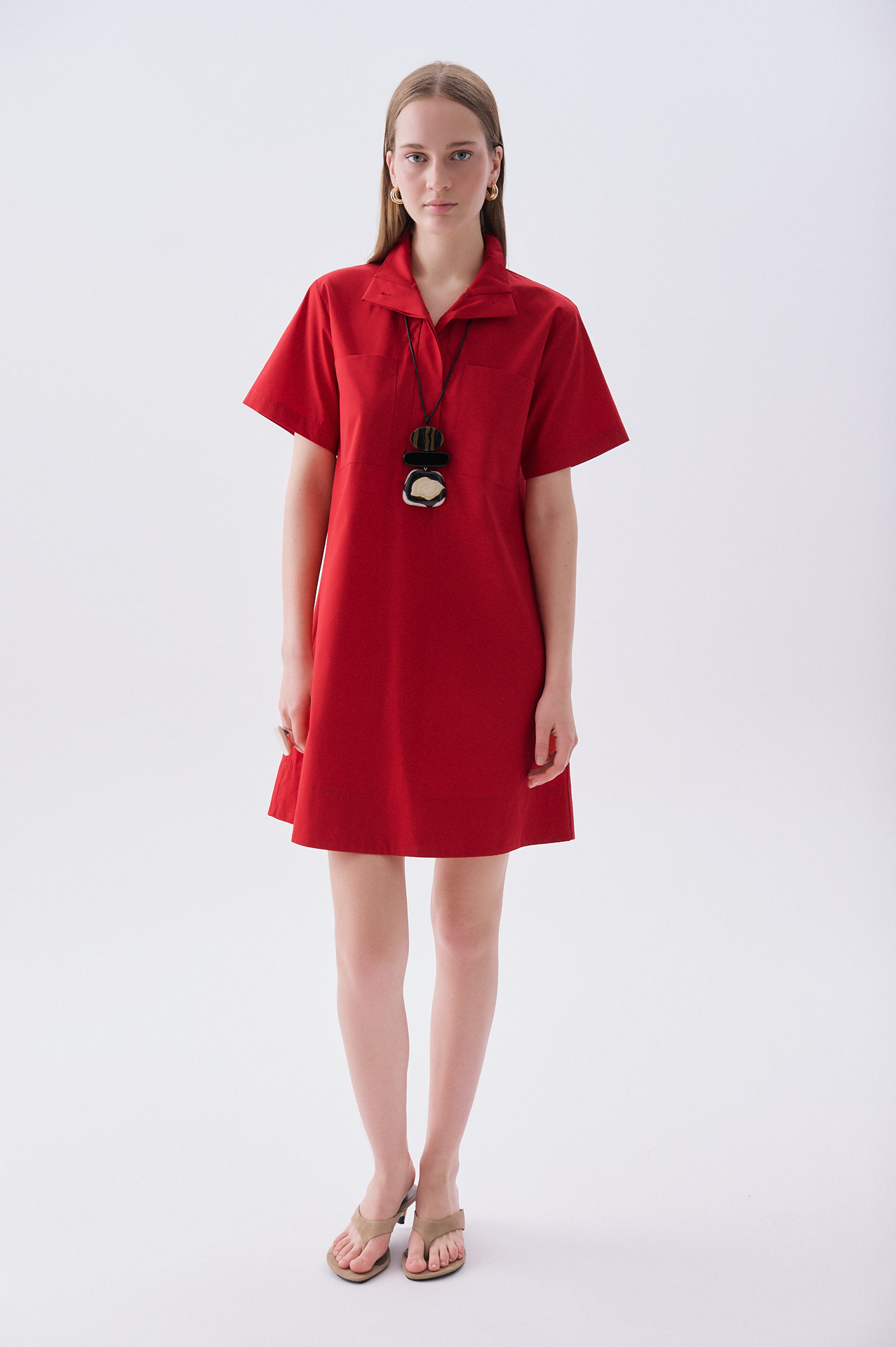 Kadın Kırmızı Polo Yaka Kısa Kollu Cep Detaylı Mini Elbise