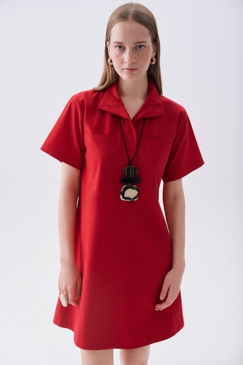 Kadın Kırmızı Polo Yaka Kısa Kollu Cep Detaylı Mini Elbise