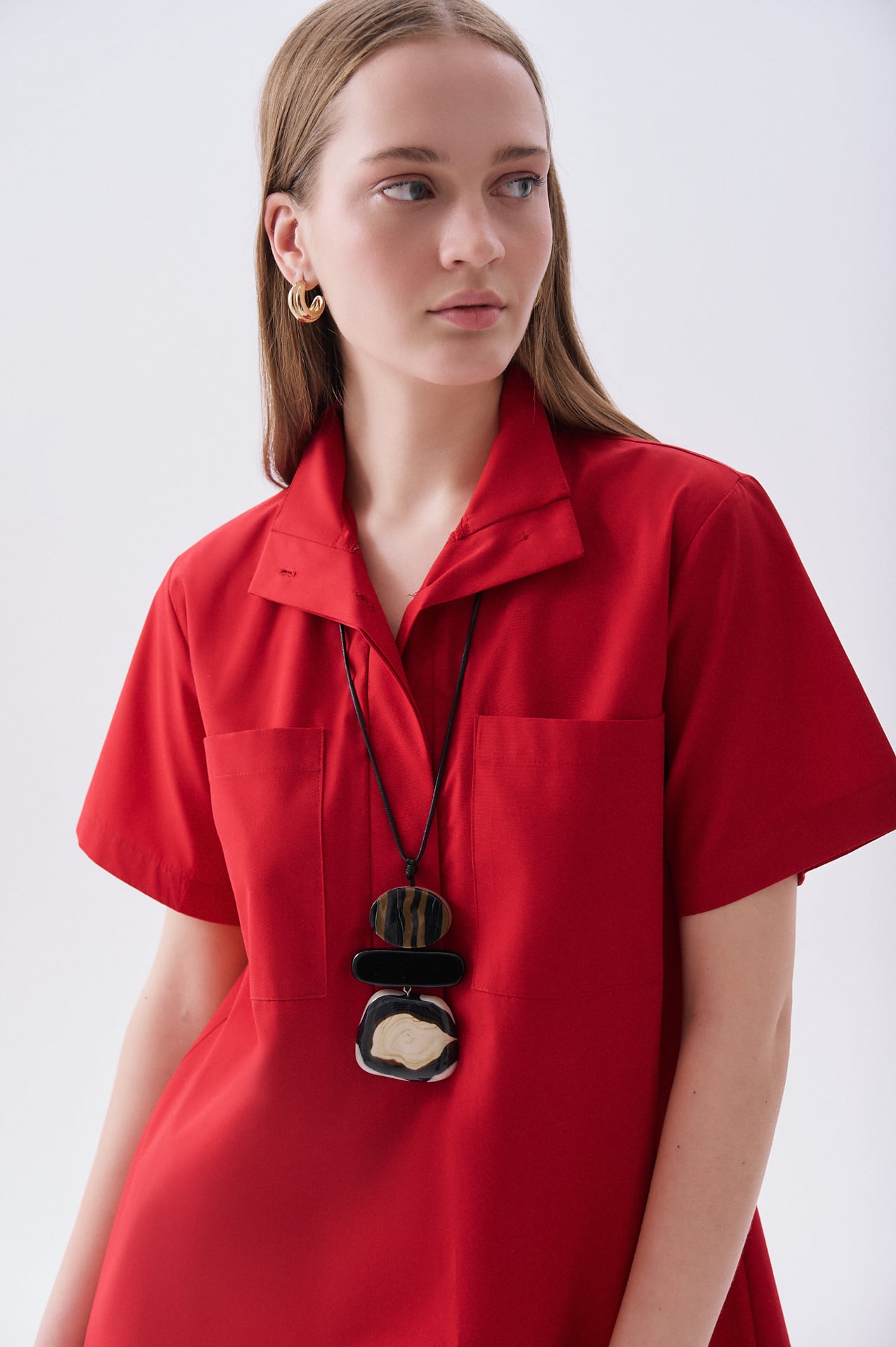 Kadın Kırmızı Polo Yaka Kısa Kollu Cep Detaylı Mini Elbise