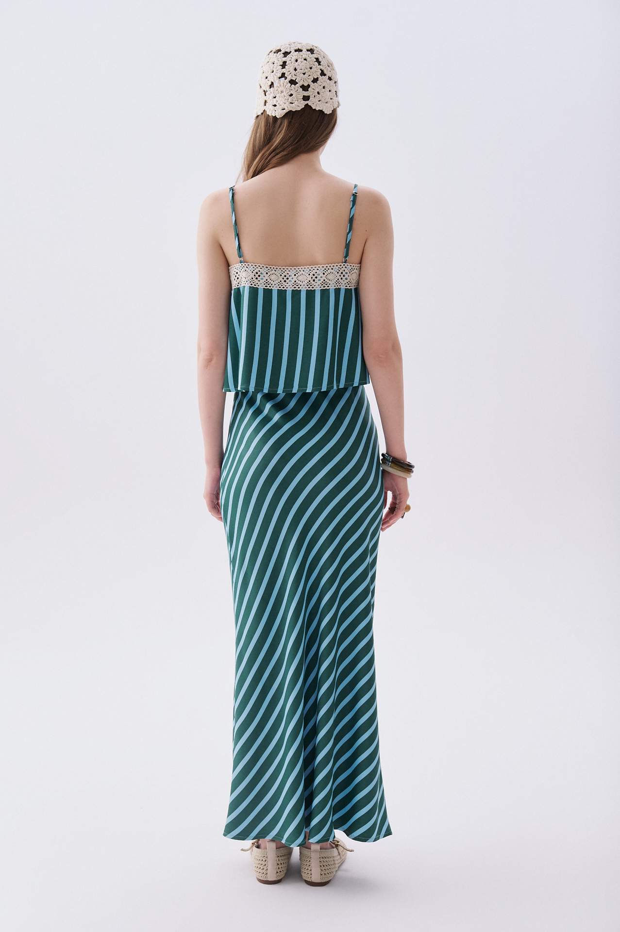 Kadın Yeşil Çizgili A Form Uzun Etek