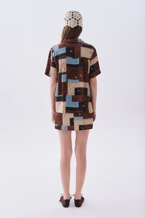 Kadın Kahverengi Desenli Oversize Kısa Kollu Gömlek