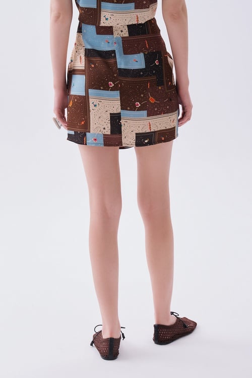 Kadın Kahverengi Desenli Mini Etek