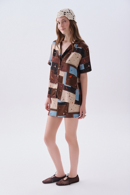 Kadın Kahverengi Desenli Oversize Kısa Kollu Gömlek