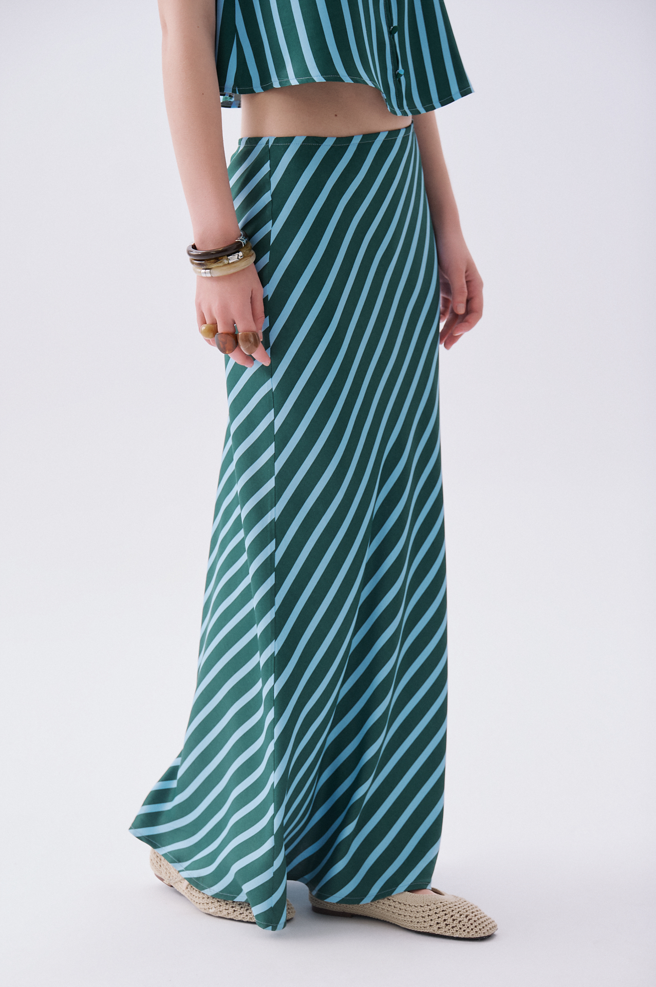 Kadın Yeşil Çizgili A Form Uzun Etek