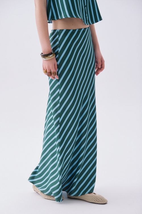 Kadın Yeşil Çizgili A Form Uzun Etek