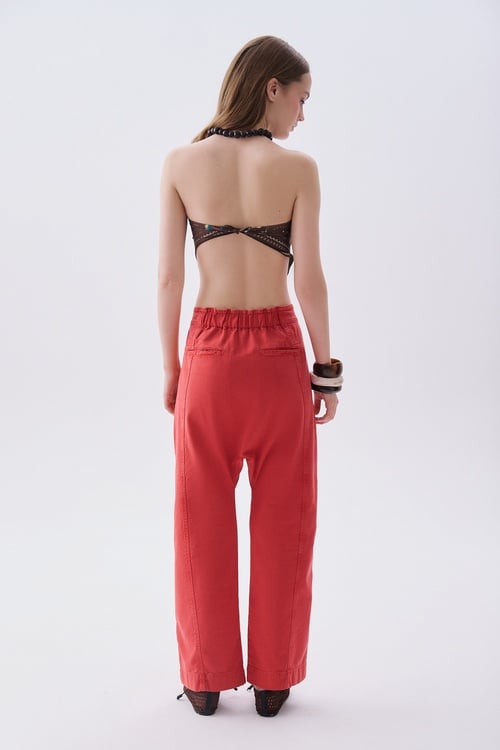 Kadın Kırmızı Beli Bağlamalı Comfort Fit Pantolon