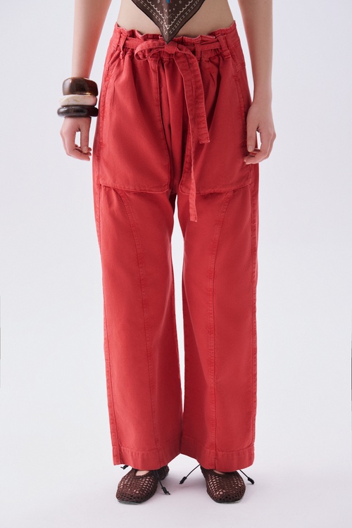  Kadın Kırmızı Beli Bağlamalı Comfort Fit Pantolon