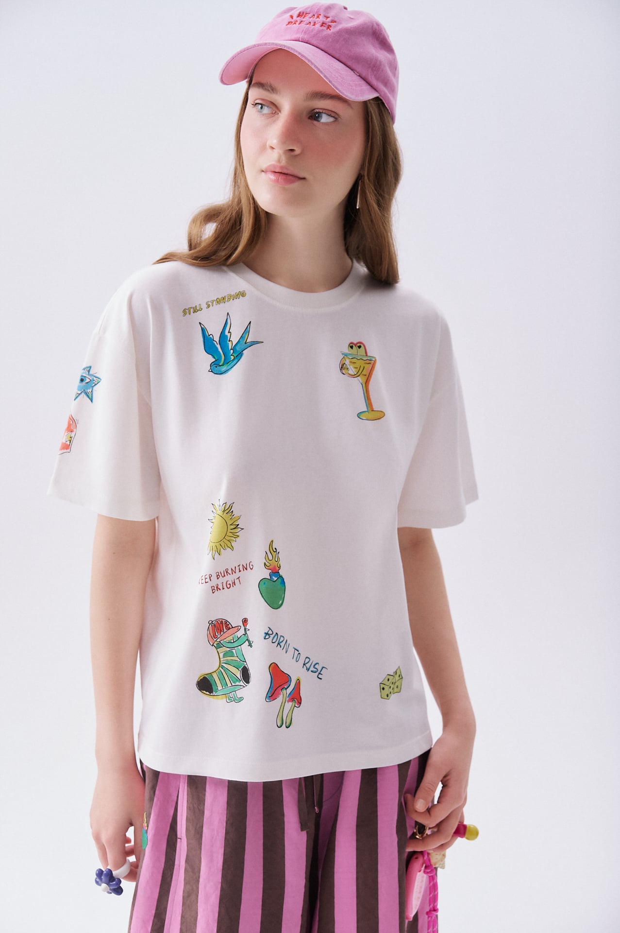 Kadın Beyaz Baskılı Loose Fit Bisiklet Yaka T-Shirt