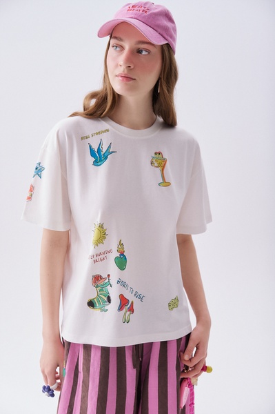 Mudo Kadın Beyaz Baskılı Loose Fit Bisiklet Yaka T-Shirt