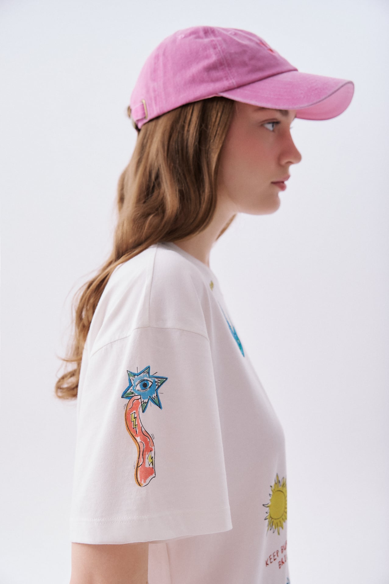 Kadın Beyaz Baskılı Loose Fit Bisiklet Yaka T-Shirt