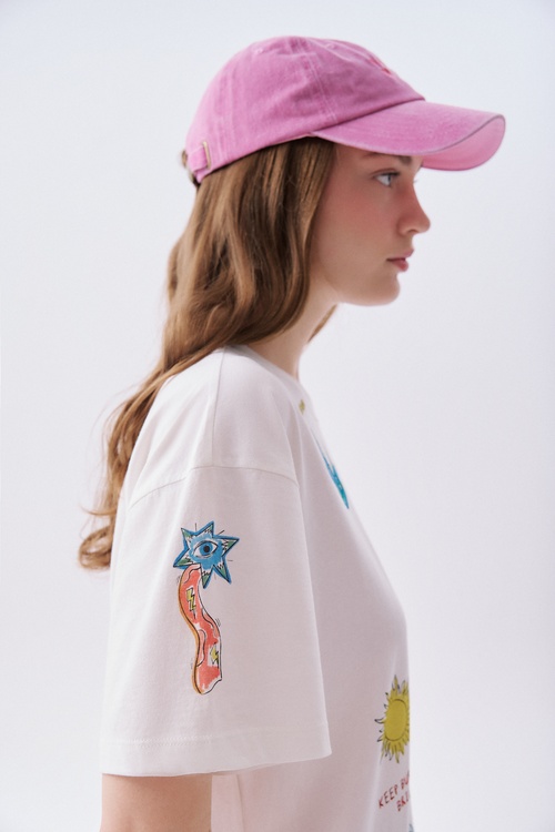 Kadın Beyaz Baskılı Loose Fit Bisiklet Yaka T-Shirt