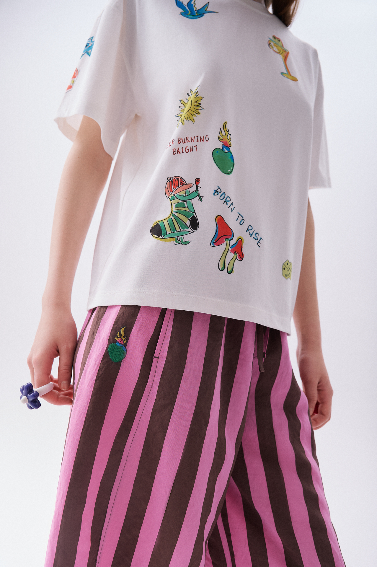 Kadın Beyaz Baskılı Loose Fit Bisiklet Yaka T-Shirt