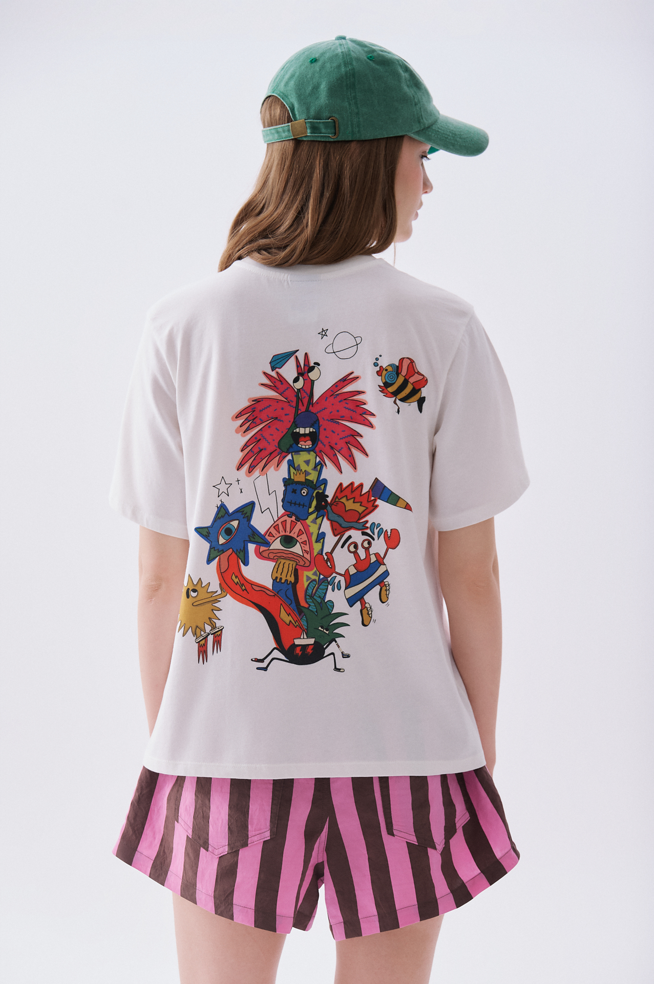 Kadın Beyaz Baskılı Bisiklet Yaka T-Shirt