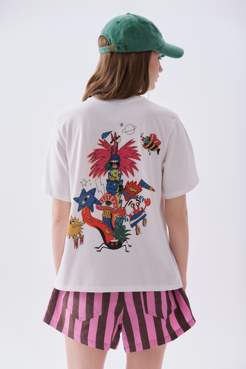 Kadın Beyaz Baskılı Bisiklet Yaka T-Shirt