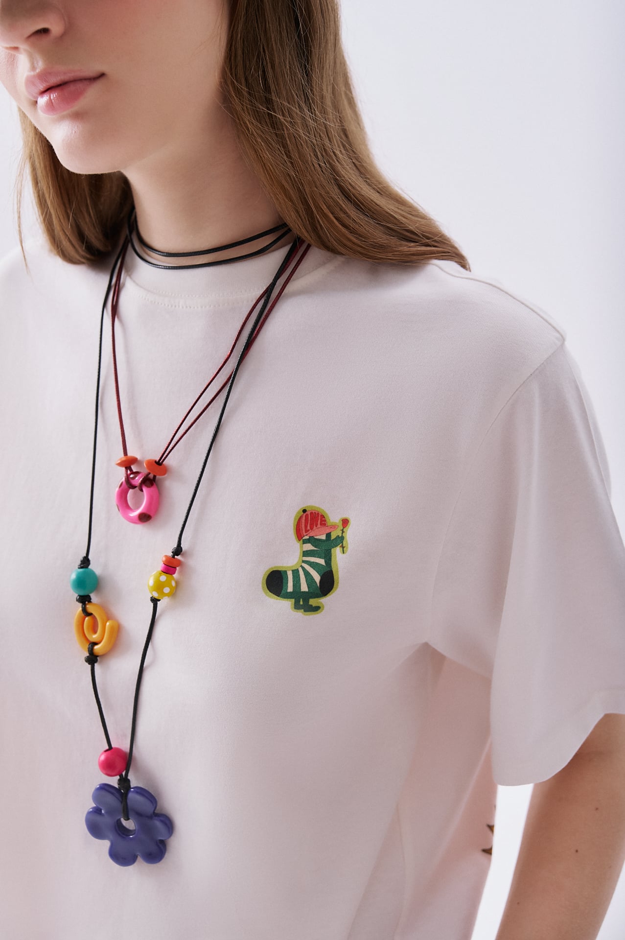 Kadın Beyaz Baskılı Bisiklet Yaka T-Shirt