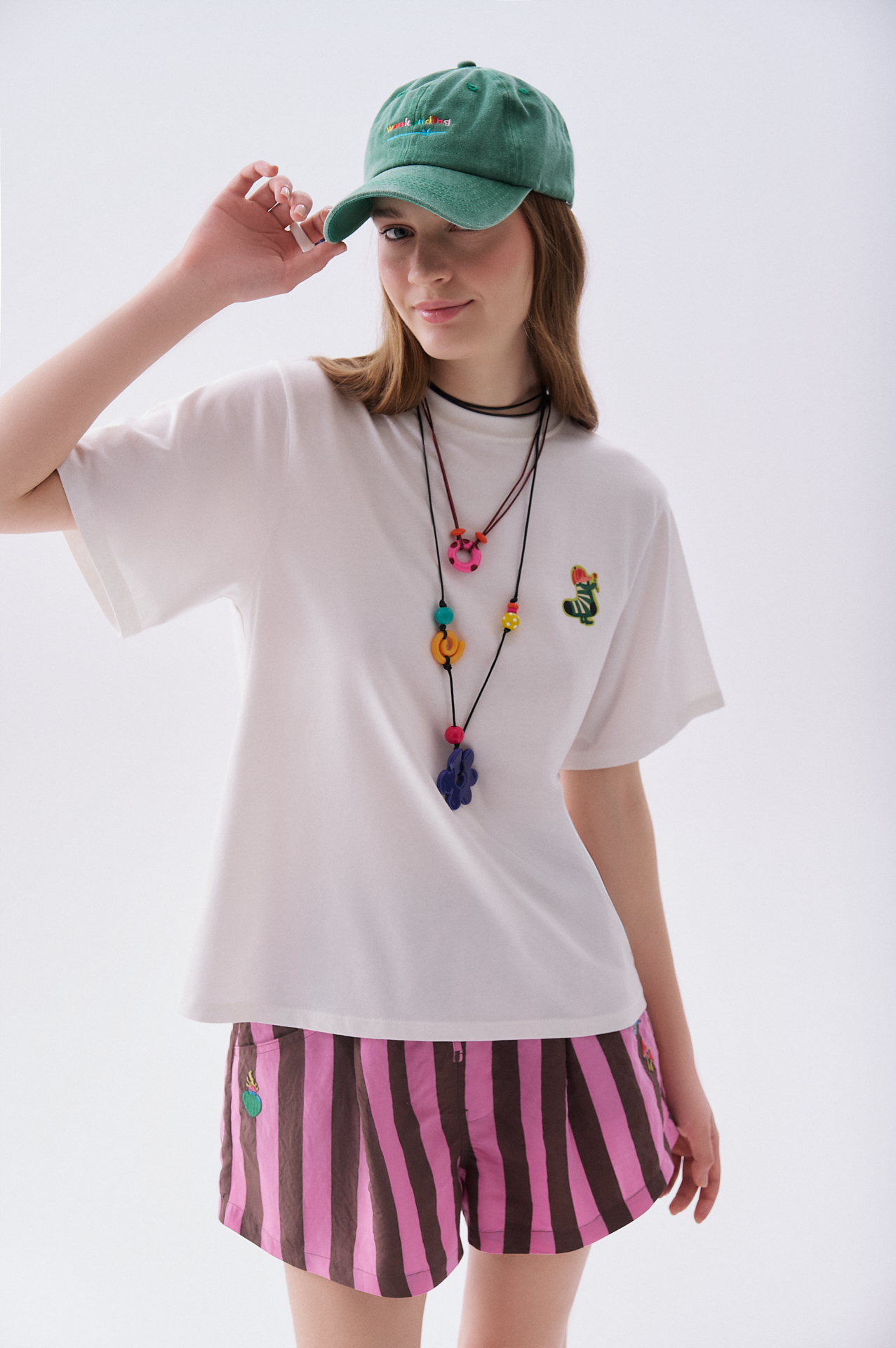 Kadın Beyaz Baskılı Bisiklet Yaka T-Shirt