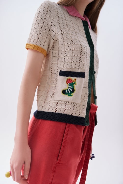 Kadın Ekru Nakışlı Polo Yaka Kısa Kollu Triko Kazak