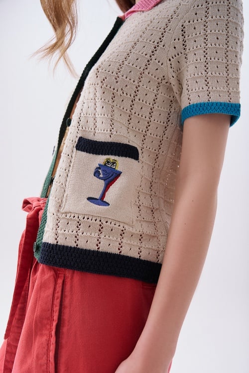  Kadın Ekru Nakışlı Polo Yaka Kısa Kollu Triko Kazak