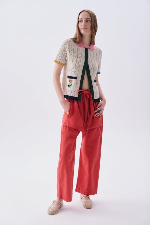 Kadın Ekru Nakışlı Polo Yaka Kısa Kollu Triko Kazak