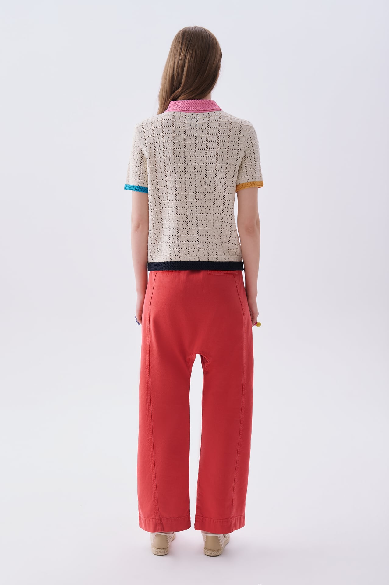 Kadın Ekru Nakışlı Polo Yaka Kısa Kollu Triko Kazak