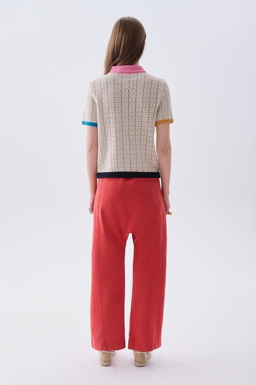 Kadın Ekru Nakışlı Polo Yaka Kısa Kollu Triko Kazak